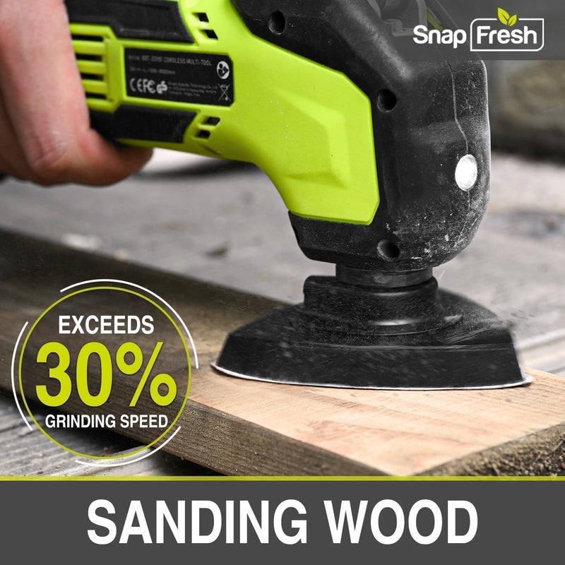 SnapFresh أداة متعددة الاهتزازات لاسلكية، مجموعة أدوات DIY 20V، 6 سرعات، زاوية اهتزاز 3.2°، قفل سريع قابل للتبديل، 24 قطعة ملحقات، بطارية وشاحن سريع، للتجريف، شفرات الصنفرة، القطع - Image 4